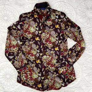 GEORG ROTH Butterfly Floral Print Shirt Botanical Aubergine Olive Flip Cuff